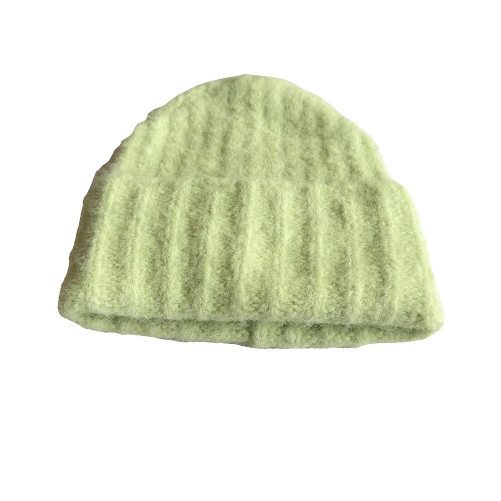 K.I.T. Keep It Trendy Beanie Hat Lime Green Ribbed Knit Wool Blend Winter